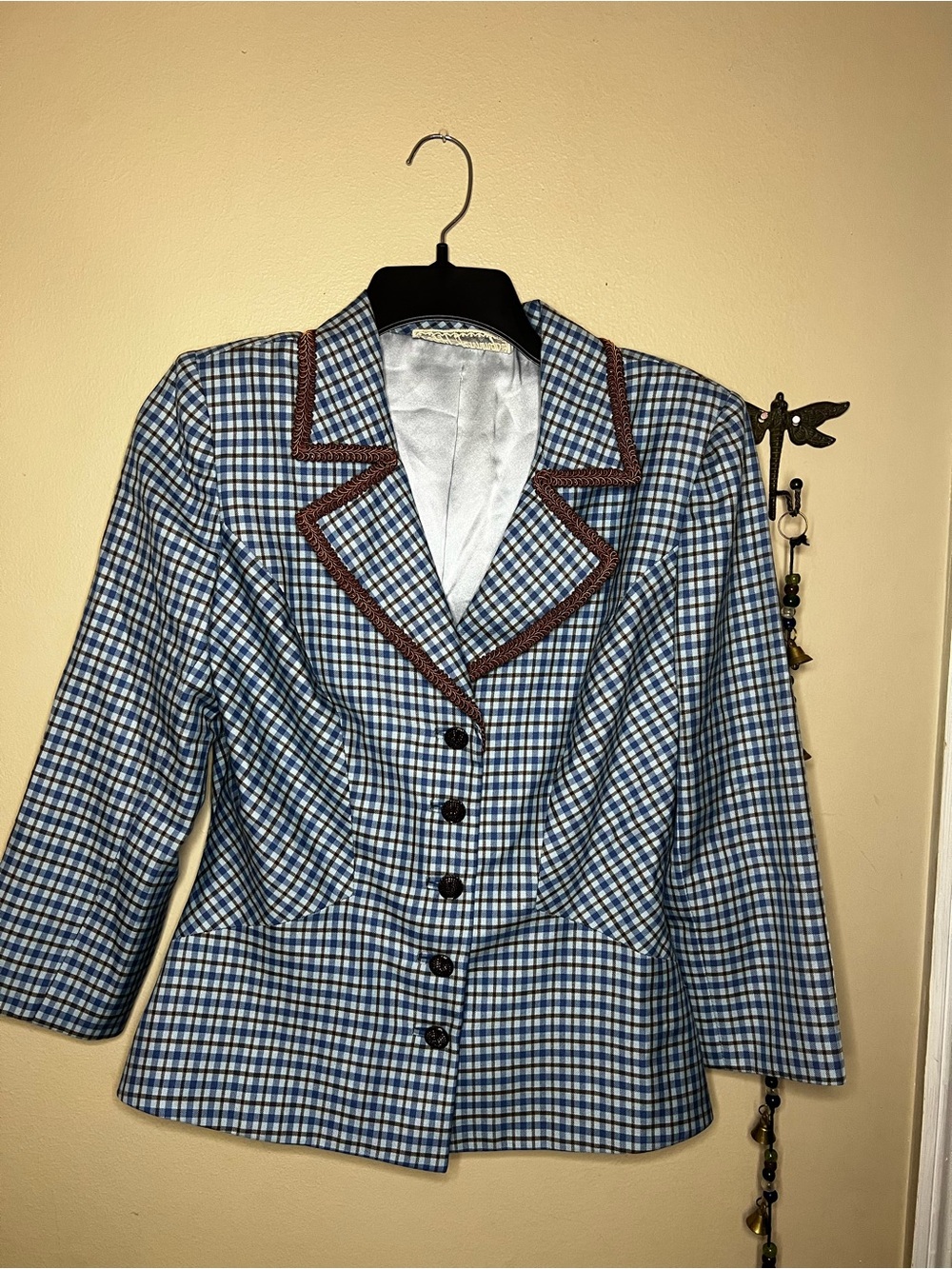 Peggy Jennings Blue Plaid Blazer with Brown Trim